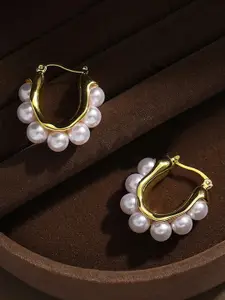 Peora Gold Plated Pearl Contemporary Hoop Earrings