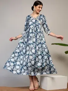 FASHION DREAM Floral Printed A-Line Ethnic Dress With Gota Patti