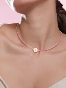 Rubans Rhodium Plated Multicolor Beaded Necklace with Daisy Flower Pendant