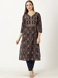 Saffron Threads Floral Printed Thread Work Sweetheart Neck Pure Cotton Straight Kurta