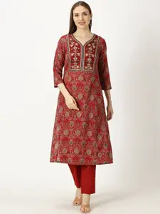 Saffron Threads Floral Printed Thread Work Sweetheart Neck Pure Cotton Straight Kurta