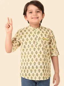 Fabindia Boys Ethnic Motifs Printed Band Collar Cotton Straight Kurta