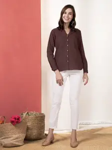 Anouk Mandarin Collar Roll-Up Sleeves Cotton Shirt Style Top