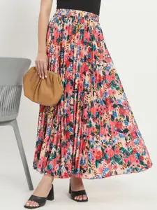 OTABU Floral Printed Accordion Pleats Flared Maxi Skirts