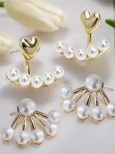 DressBerry Set of 2 Heart Shaped Pearl Ear Jacket Studs