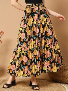 OTABU Floral Printed Accordion Pleated Flared Maxi Skirt