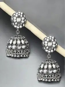 Sangria Kundan Studded Floral Shaped Oxidised Jhumka Earrings