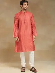 Fabindia Striped Band Collar Straight Kurta
