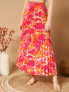 OTABU Floral Printed Accordion Pleats A-line Maxi Skirts