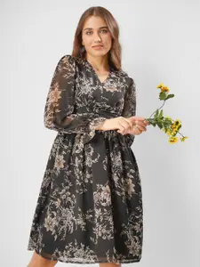 angloindu Floral Print Puff Sleeve Georgette Dress
