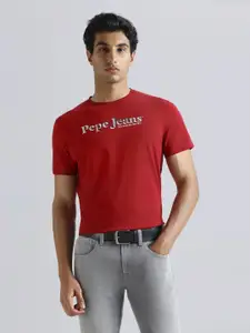 Pepe Jeans Men Typography Printed Round Neck Pure Cotton Slim Fit T-shirt