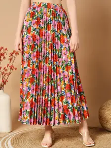 OTABU Floral Printed Accordion Pleats A-line Maxi Skirts