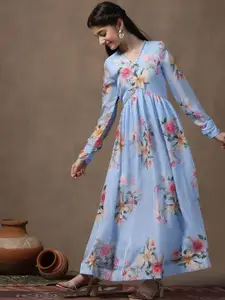 FASHION DREAM Girls Floral Printed V-Neck Fit & Flare Maxi Ethnic Dresses