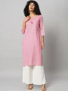 Sa Rasa Geometric Printed Tie-Up Neck Straight Kurta
