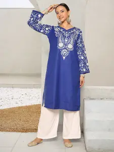 HOUSE OF KARI Floral Embroidered V-Neck Cotton Straight Falak Kashmiri Kurta