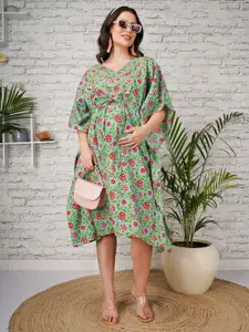 angloindu Women Floral Print Flared Sleeve Maternity A-Line Midi Dress