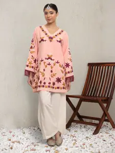 HOUSE OF KARI Floral Embroidered Flared Sleeves Cotton Falak Kashmiri Straight Kurta