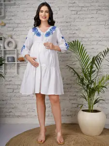angloindu Floral Embroidered Fit and Flare Puff Sleeves Maternity A-Line Dress