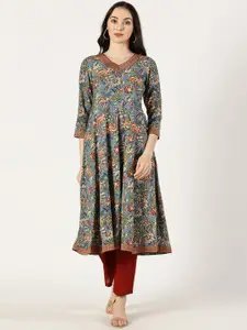 Saffron Threads Floral Printed V-Neck Brocade Lace Details A-Line  Kurta