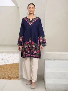 HOUSE OF KARI Falak Kashmiri Embroidered Flared Sleeves Thread Work Cotton Straight Kurta