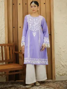 HOUSE OF KARI Falak Kashmiri Embroidered Flared Sleeves Thread Work Cotton A-Line Kurta