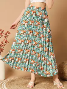 OTABU Floral Flared Pleated Maxi Skirt