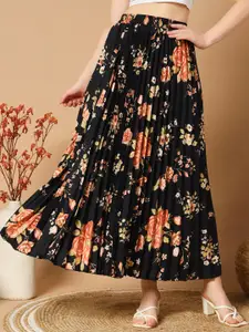OTABU Floral Printed Accordion Pleated Flared Maxi Skirt