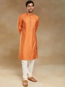 Fabindia Striped Band Collar Slim Fit Straight Kurta