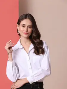 Chemistry Women Spread Collar Solid Cotton Casual Shirt