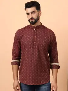 Latest Chikan Garments Geometric Woven Design Mandarin Collar Straight Short Kurta