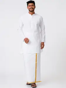 Ramraj Mandarin Collar Pure Cotton Straight Kurta With Golden Zari Dhoti