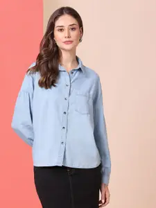 Chemistry Denim Spread Collar Solid Casual Shirt