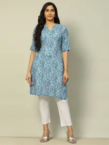 Rangriti Floral Printed Mandarin Collar Straight Kurta
