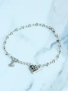 fabula Silver-Plated Oxidised Floral Heart Designed Anklet