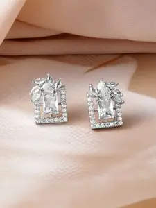 Rubans Rhodium Plated White Cubic Zirconia Studded Geometric Stud Earrings