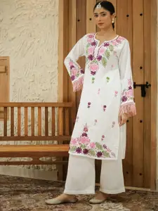 HOUSE OF KARI Falak Kashmiri Embroidered Flared Sleeves Thread Work Cotton Straight Kurta