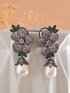 Voylla Rhodium Plated Contemporary American Diamond Drop Earrings