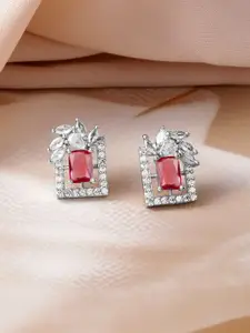 Rubans Rhodium Plated Ruby & White Cubic Zirconia Studded Geometric Stud Earrings