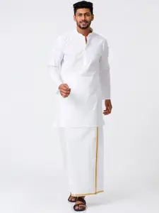 Ramraj Mandarin Collar Pure Cotton Straight Kurta With Golden Zari Dhoti