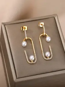 KRENOZ Stainless Steel Classic Pin Shaped Pearl Studded Antique Drop Earrings