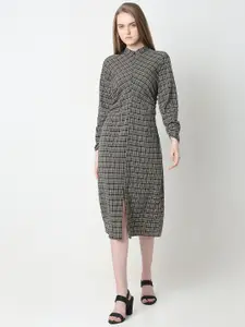 Vero Moda Mandarin Collar Checked Fit & Flare Midi Dress