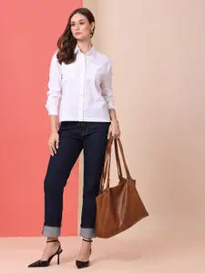 Chemistry Women Spread Collar Solid Cotton Casual Shirt