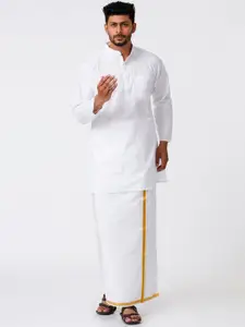 Ramraj Mandarin Collar Pure Cotton Straight Kurta With Golden Zari Dhoti