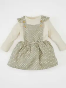 DeFacto Infants Girls Polka Dots Printed Pure Cotton Dungaree With T-Shirt