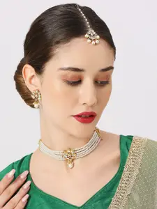Anouk Kundan-Studded & Beaded Necklace And Earrings With Maang Tika
