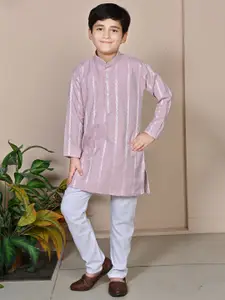 BT DEZINES Boys Embroidered Mandarin Collar Thread Work Linen Straight Kurta With Pyjamas