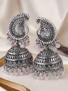 Sangria Artificial Stones and Beads Peacock Shaped Oxidised Jhumka Earrings