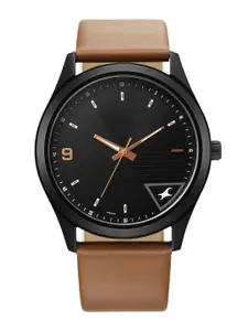 Fastrack Men Brass Dial & Leather Straps Analogue Watch 3317NL02