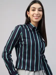 Hancock Women Spread Collar Vertical Striped Cotton Formal Shirt