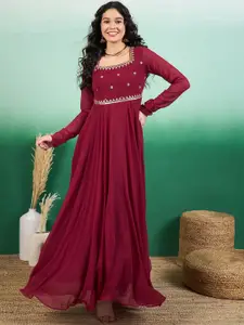 Sangria Women Floral Zari and Sequinned Embroidered Maxi Ethnic Dress